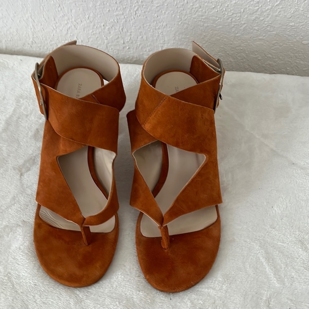 ZARA Faux Suede Leather High Heel Sandals With Buckle Wraparound Strap Tan 6US - Picture 2 of 11
